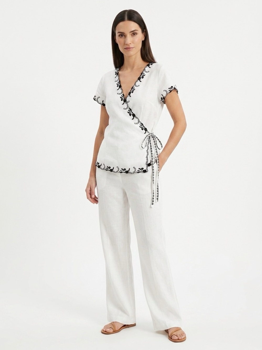 White Cap Sleeves Wrap Blouse with Black Floral Embroidery 100% linen Sz L tie